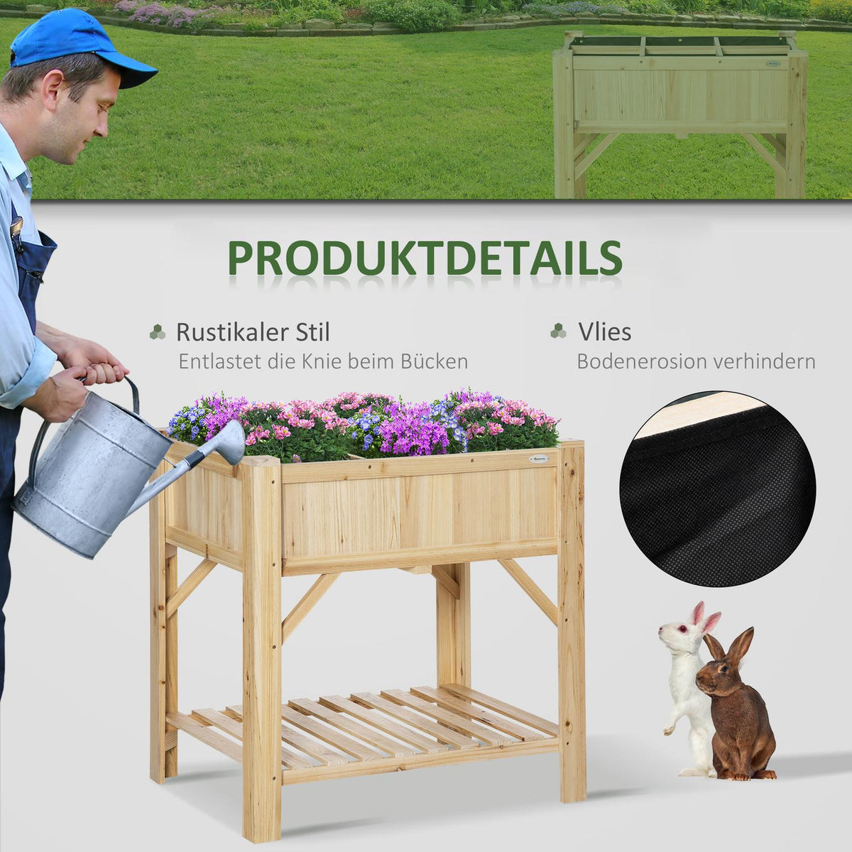 Raised Bed Wood With 6 Growing Areas, Plant Table & Flower Box, Non-Woven Fabric, Natural, 78.5X58X81Cm