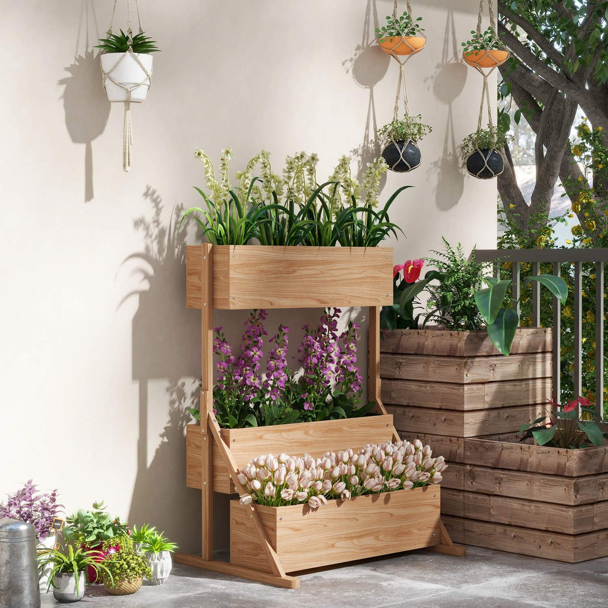 Raised Bed Wooden 3-Tier Flower Box With Inner Fleece, For Garden And Balcony, 108X80X140Cm, Natural