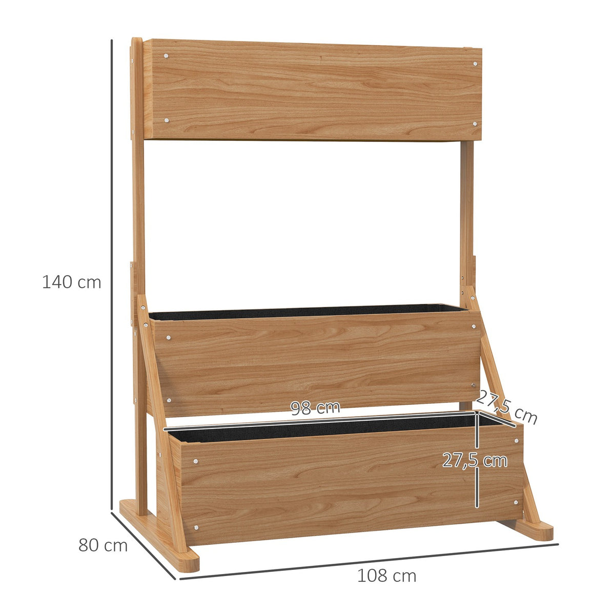 Raised Bed Wooden 3-Tier Flower Box With Inner Fleece, For Garden And Balcony, 108X80X140Cm, Natural