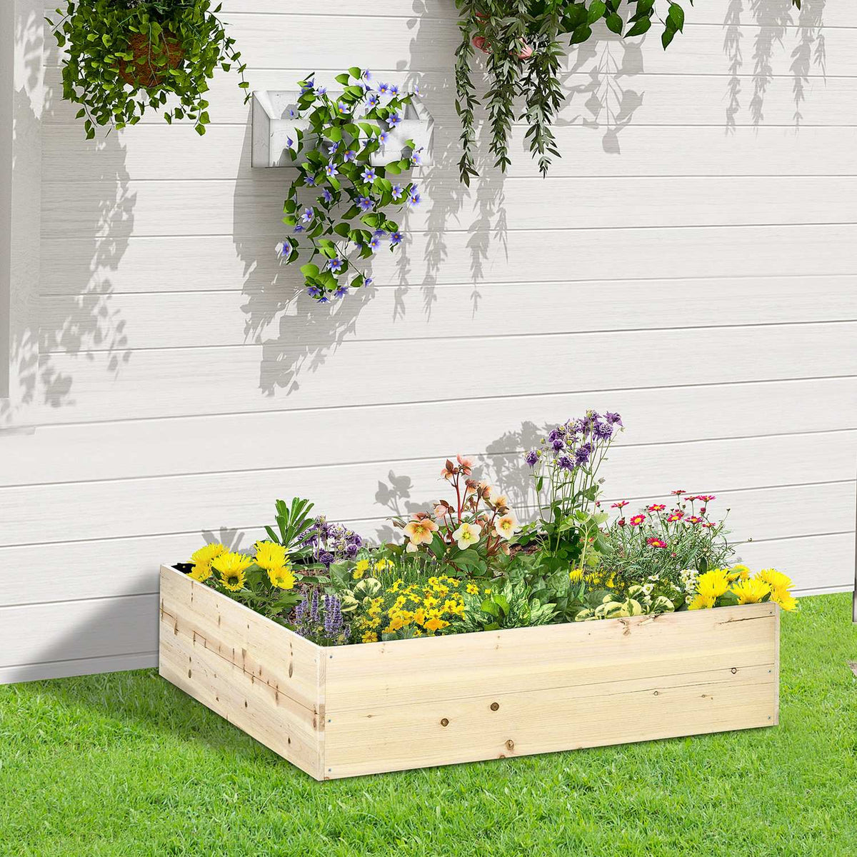 Raised Bed Wooden Garden Bed With Non-Woven Fabric, Plant Pot For Balcony And Garden, Natural, 117X117X30Cm
