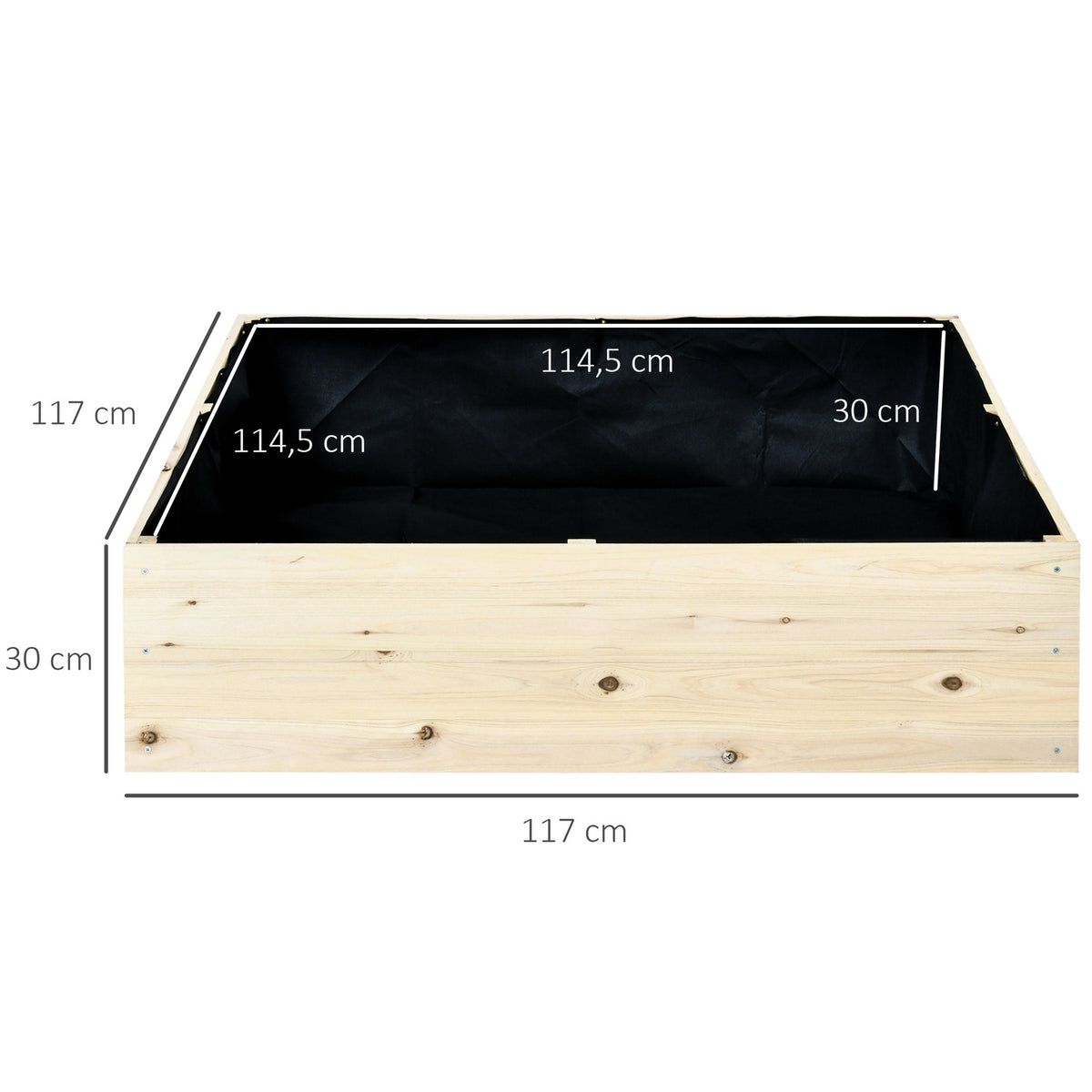 Raised Bed Wooden Garden Bed With Non-Woven Fabric, Plant Pot For Balcony And Garden, Natural, 117X117X30Cm