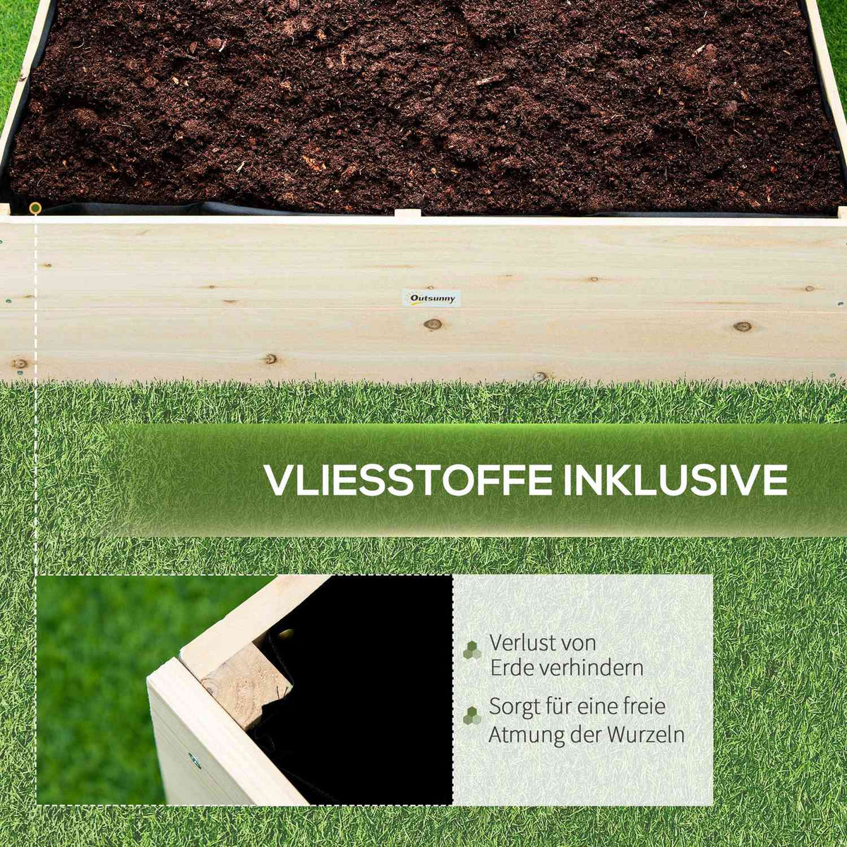 Raised Bed Wooden Garden Bed With Non-Woven Fabric, Plant Pot For Balcony And Garden, Natural, 117X117X30Cm