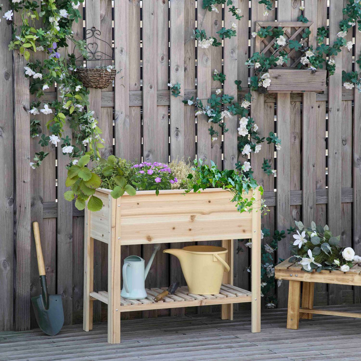 Raised Bed Wooden Plant Box With Irrigation System Flower Box Flower Pot Herb Bed Natural 90 X 40 X 81 Cm