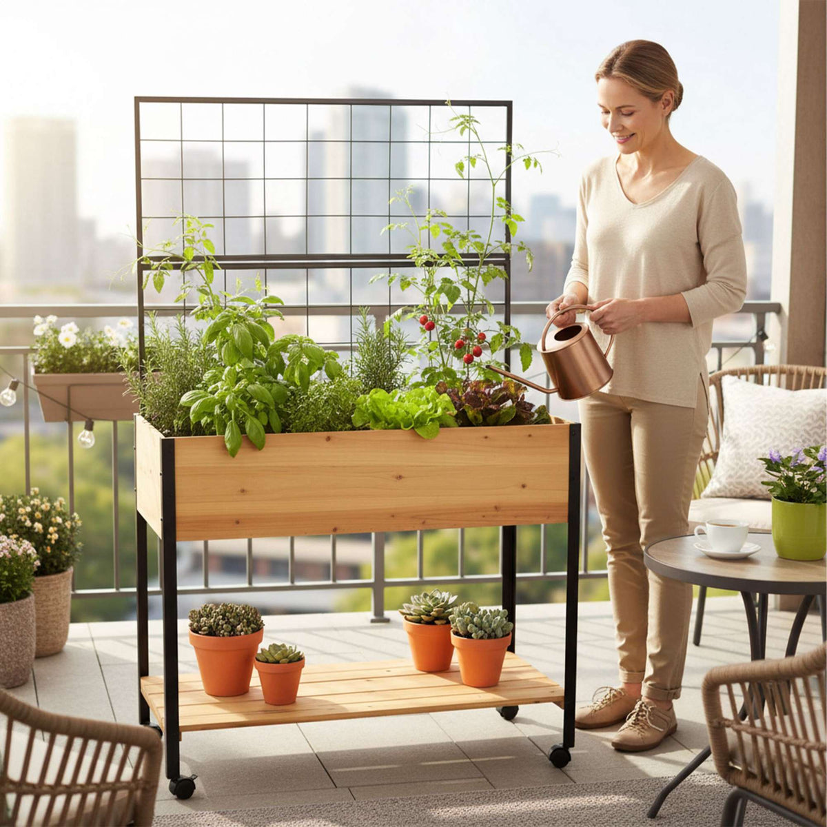 Raised Bed with Trellis and Shelf – Pine and Steel