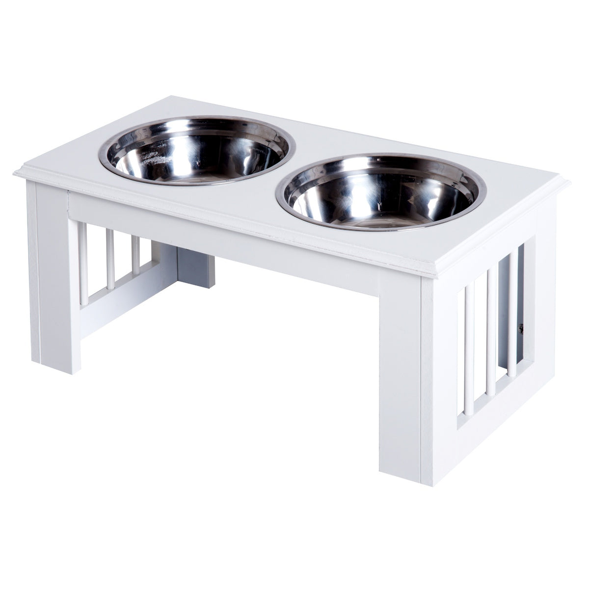 Raised Dog Bowl Food Bowl With Stainless Steel Bowls, Mdf, Anti-Slip, Easy Care, White, 58.4X30.5X25.4Cm