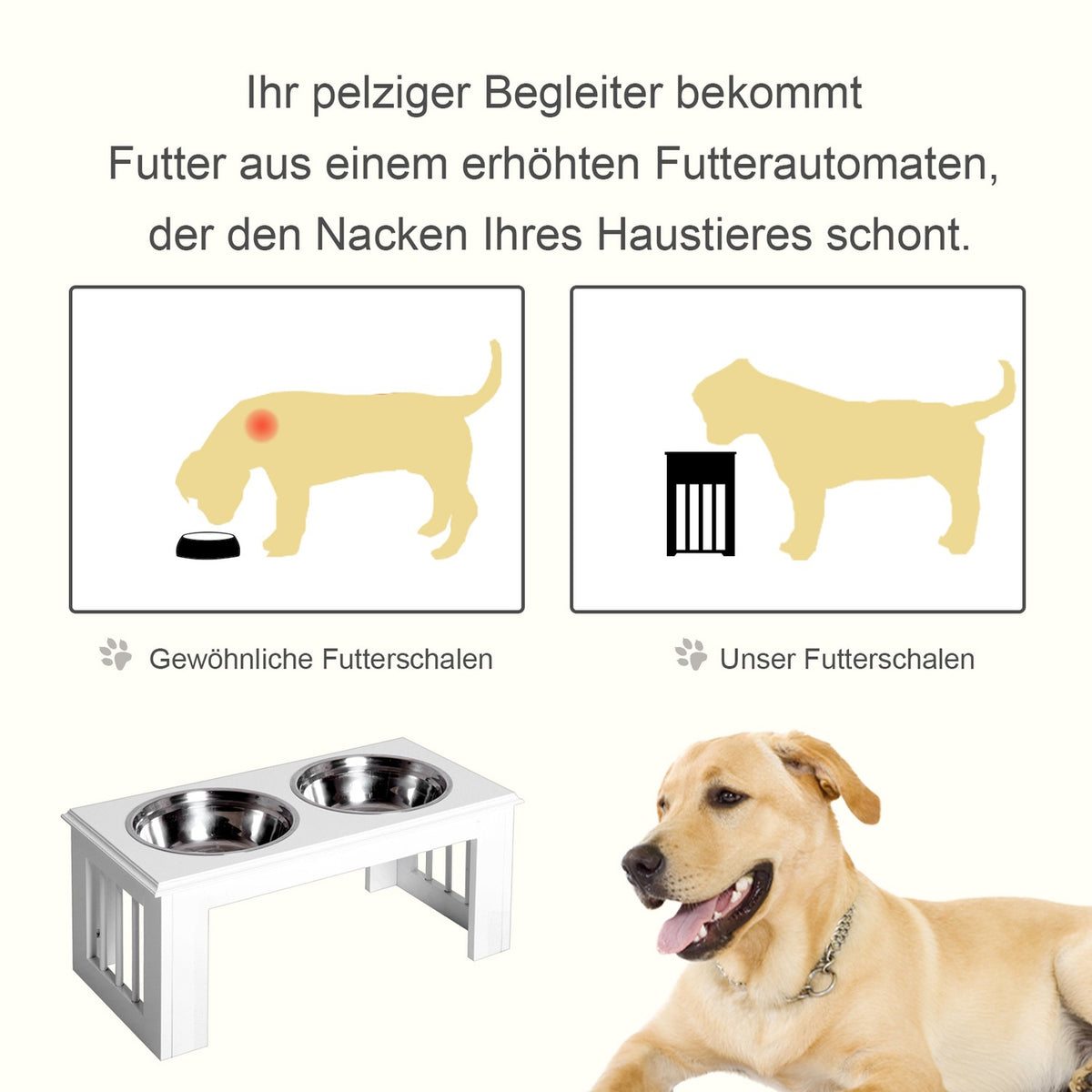 Raised Dog Bowl Food Bowl With Stainless Steel Bowls, Mdf, Anti-Slip, Easy Care, White, 58.4X30.5X25.4Cm