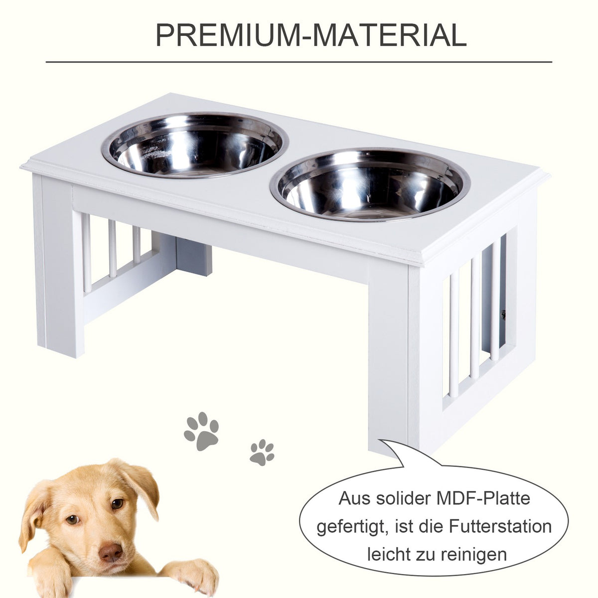 Raised Dog Bowl Food Bowl With Stainless Steel Bowls, Mdf, Anti-Slip, Easy Care, White, 58.4X30.5X25.4Cm