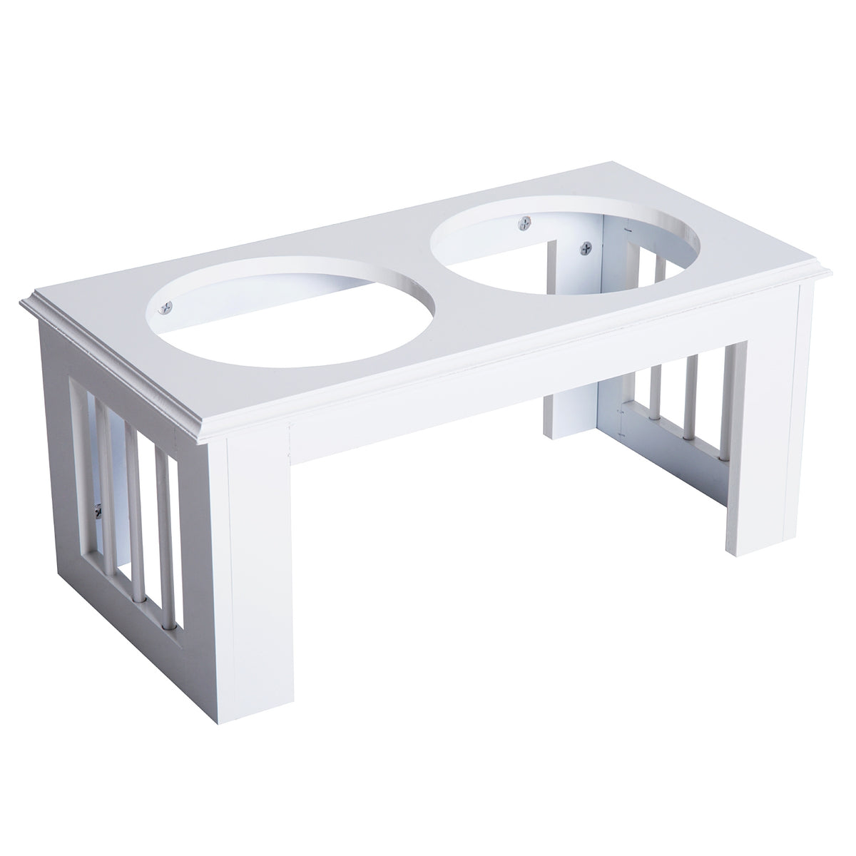 Raised Dog Bowl Food Bowl With Stainless Steel Bowls, Mdf, Anti-Slip, Easy Care, White, 58.4X30.5X25.4Cm