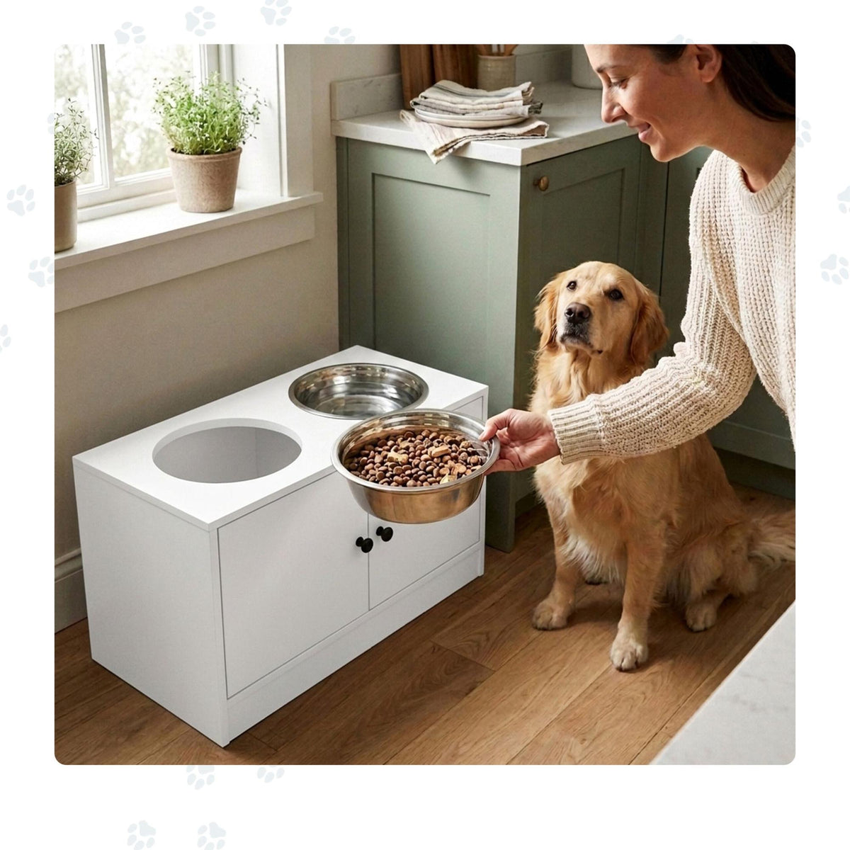 Raised Dog Feeding Station with Storage, White, Large