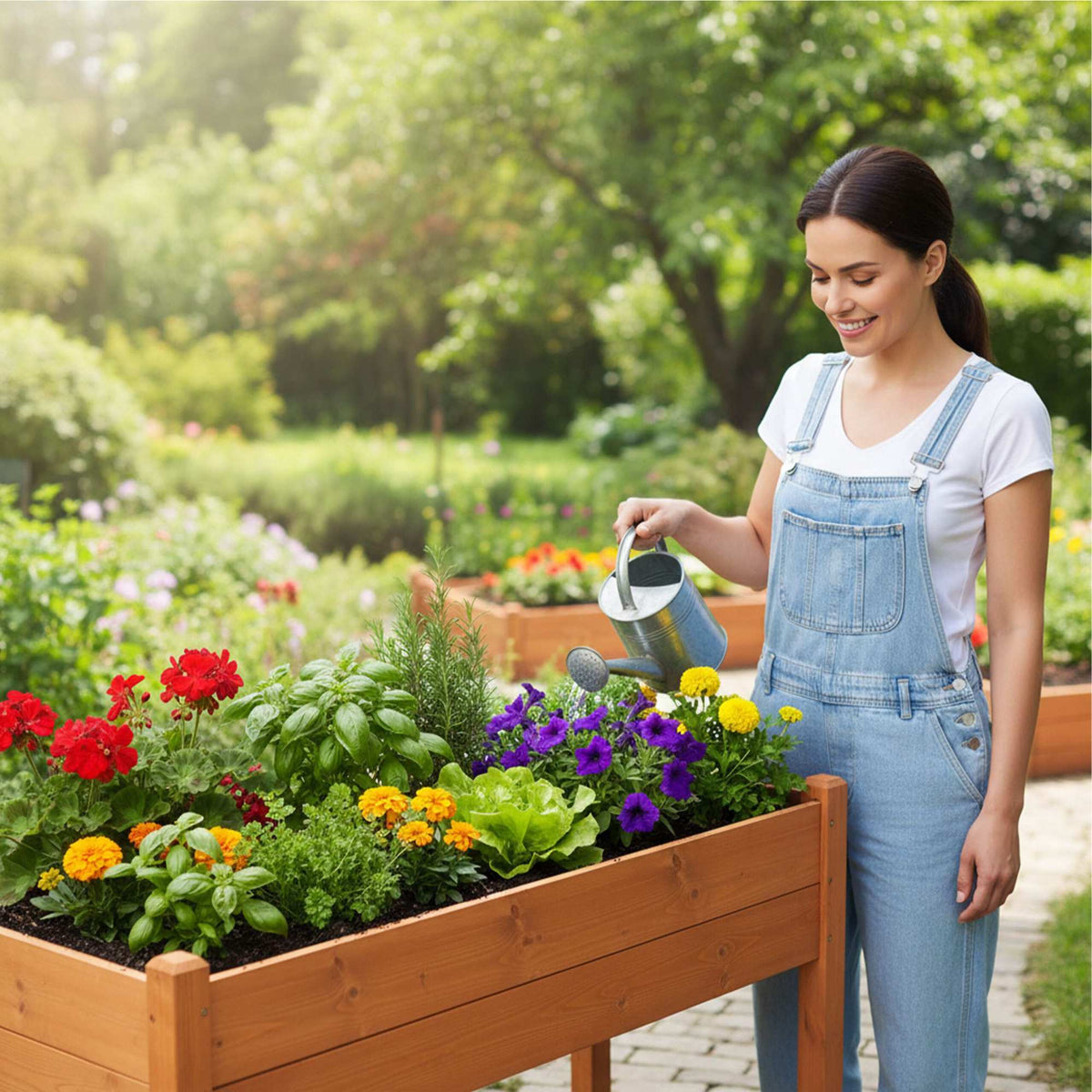 Raised Garden Bed, Fir Wood Balcony Planter With Liner