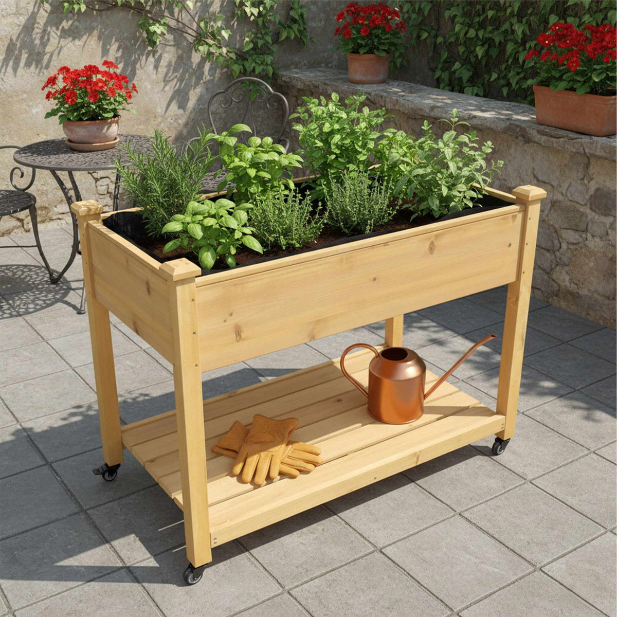 Raised Garden Bed On Wheels With Shelf, Locking Brakes