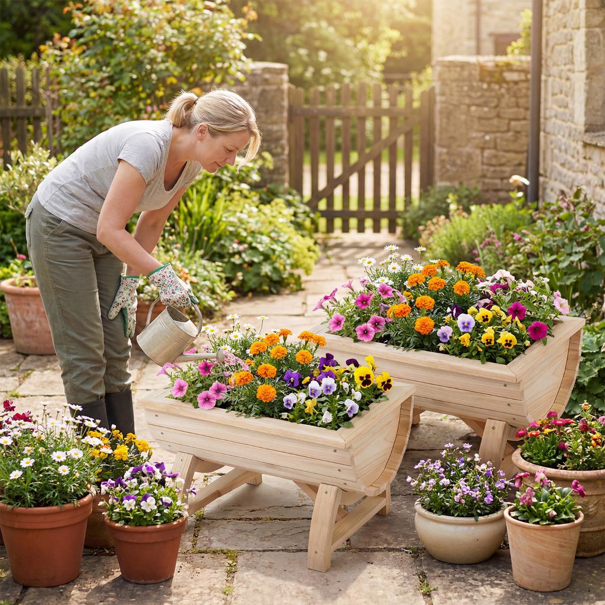 Raised Garden Bed Planters, Set of 2, Fir Wood, Drainage