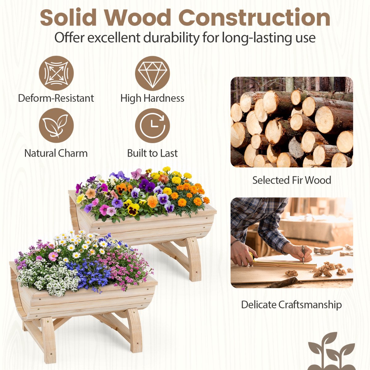 Raised Garden Bed Planters, Set of 2, Fir Wood, Drainage