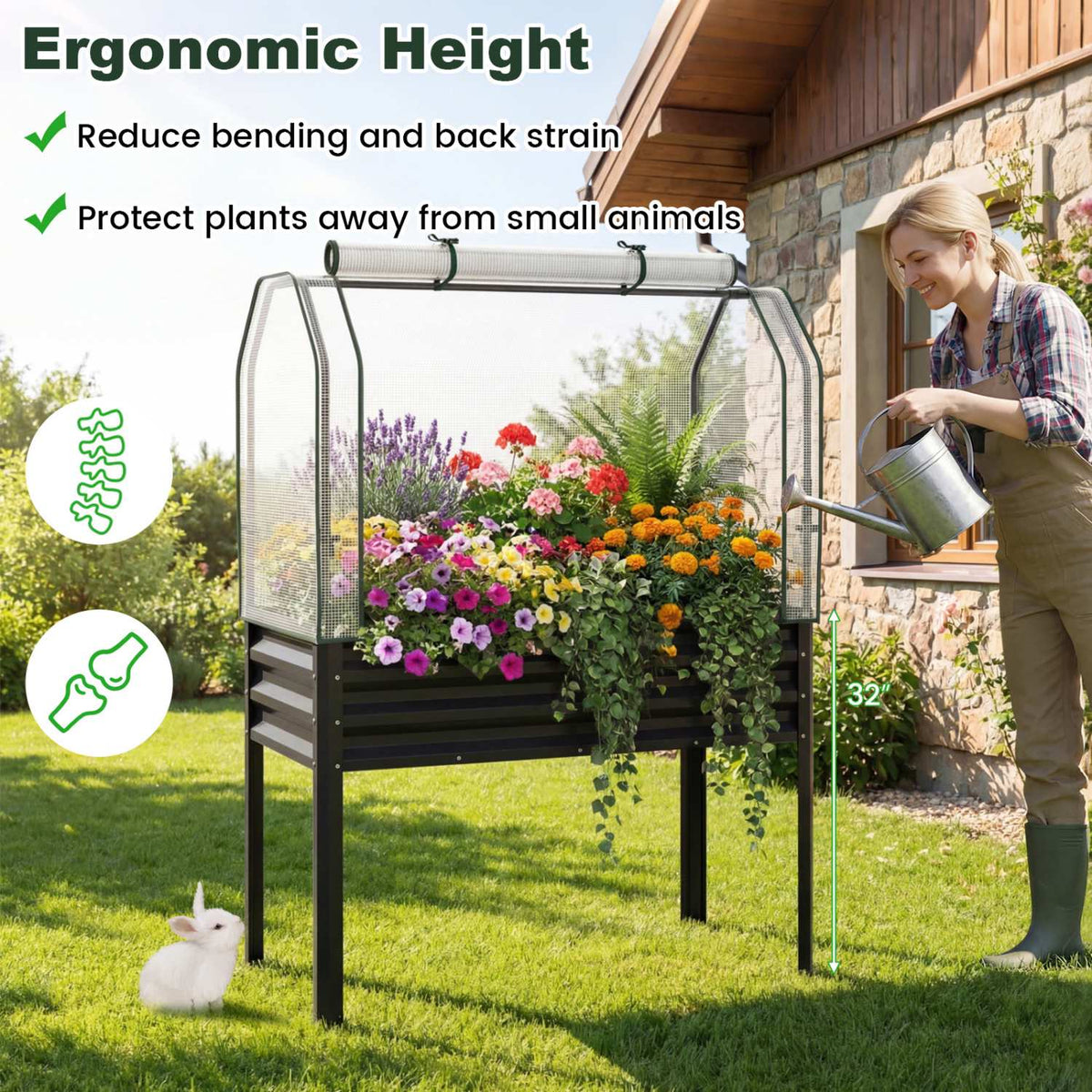 Raised Garden Bed With Legs and Greenhouse Cover, 44x22