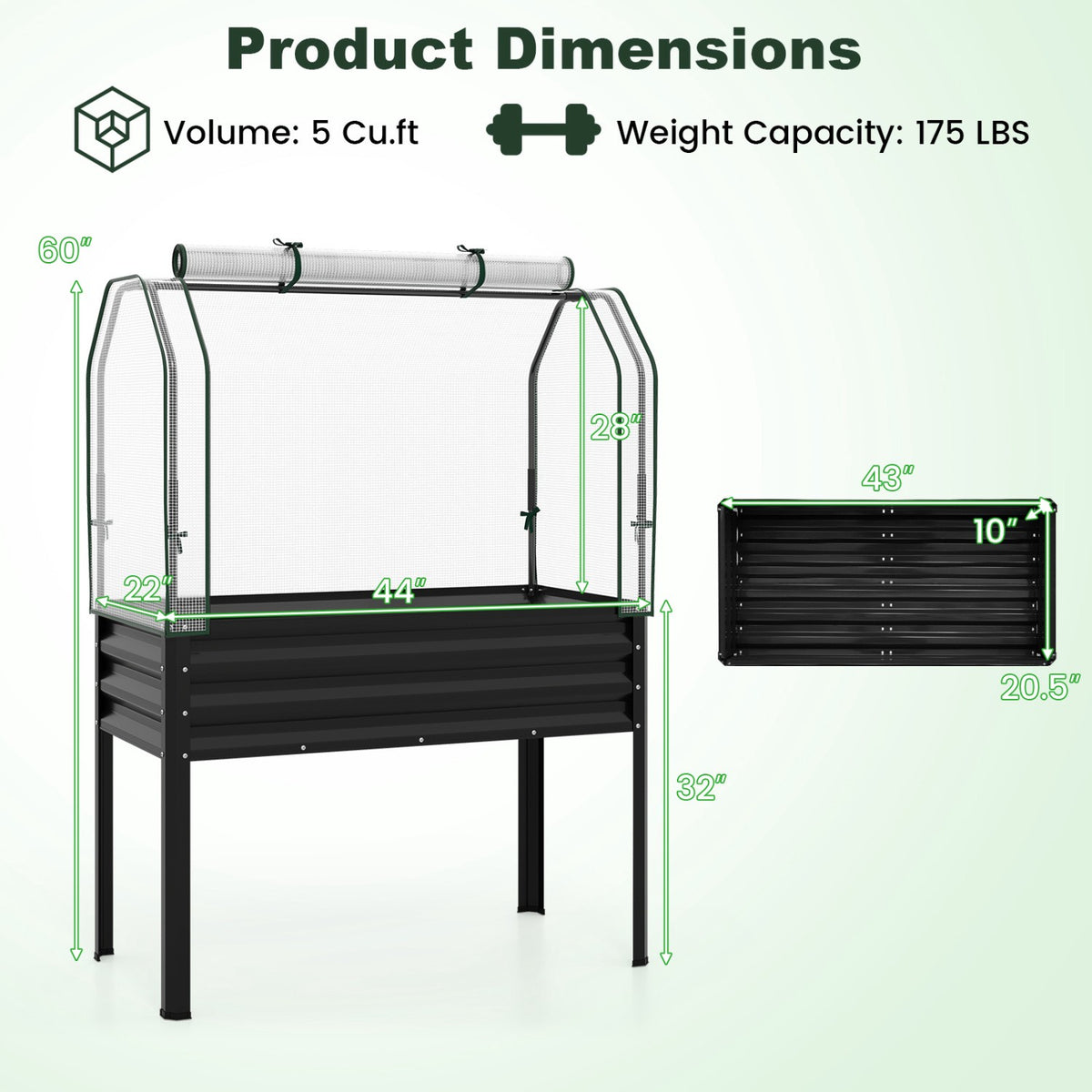 Raised Garden Bed With Legs and Greenhouse Cover, 44x22