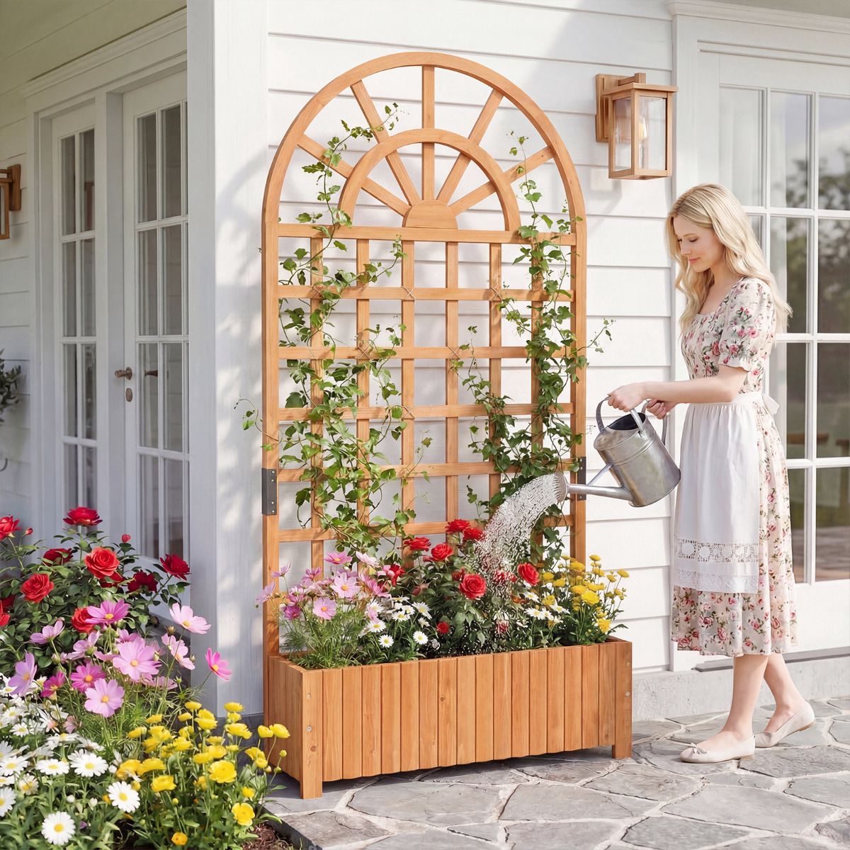 Raised Garden Bed With Trellis, 71 Inch Fir Wood