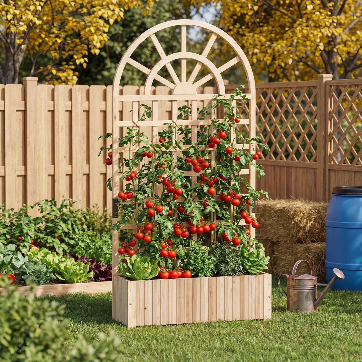 Raised Garden Bed With Trellis, 71 in Fir Wood Planter