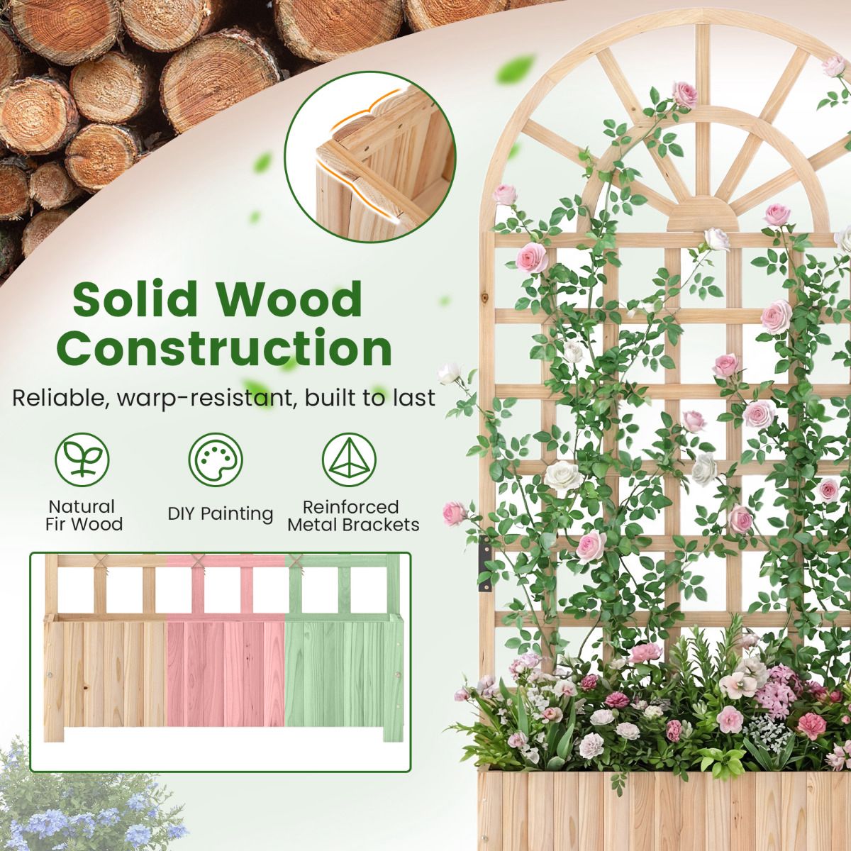Raised Garden Bed With Trellis, 71 in Fir Wood Planter