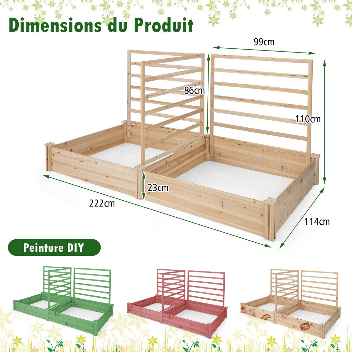 Raised Garden Bed With Trellis, Fir Wood, 222x114x110 cm