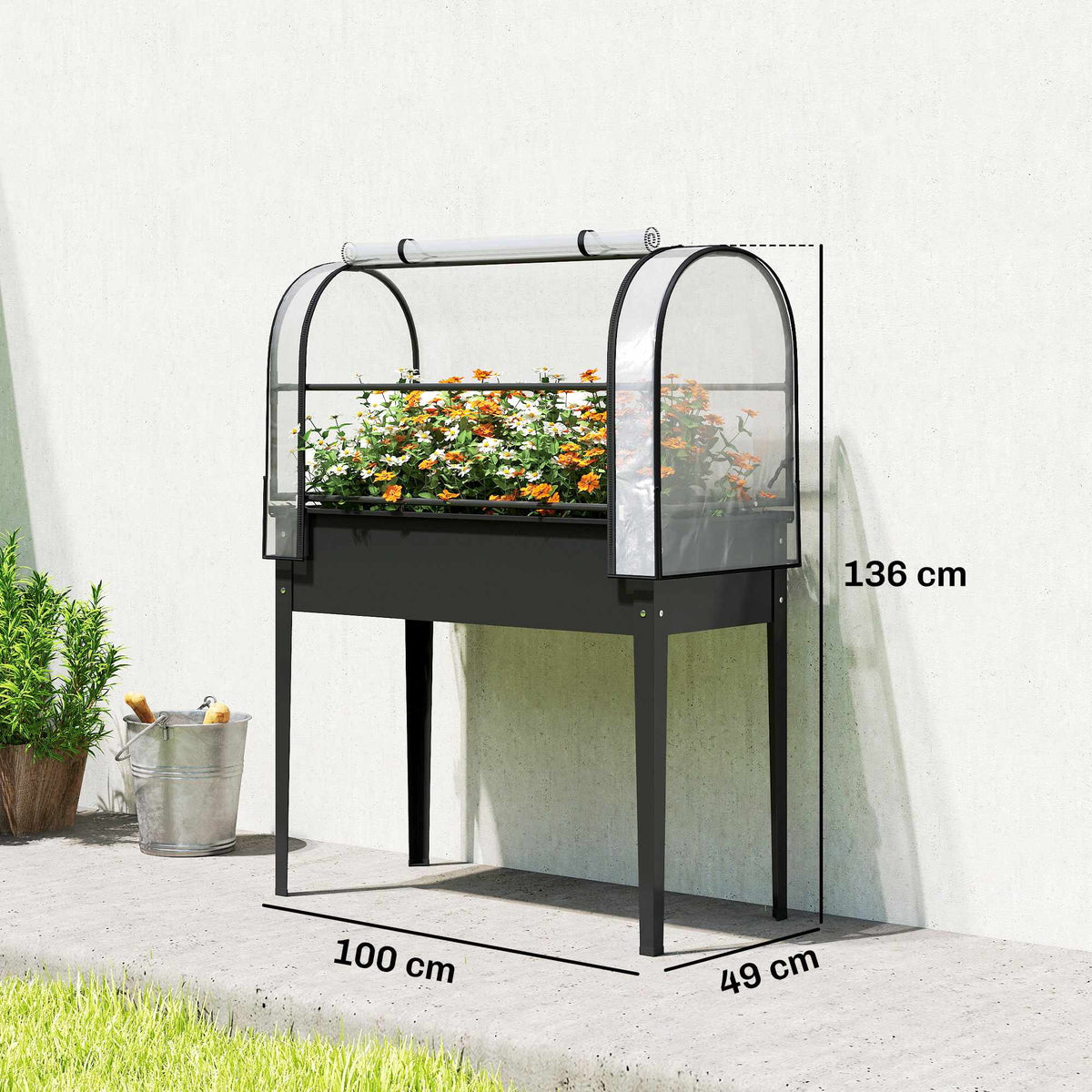 Raised Garden Bed with Clear Cover, Metal, 100x49x136 cm