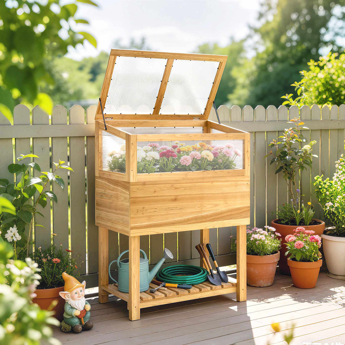 Raised Garden Bed with Cold Frame, Wood, 75L Capacity