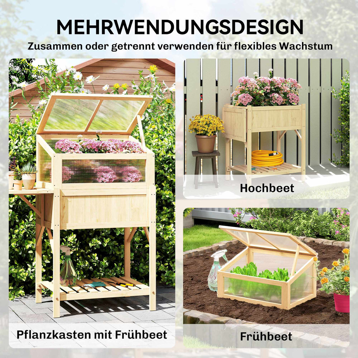 Raised Garden Bed with Cold Frame, Wood, Foldable Shelf