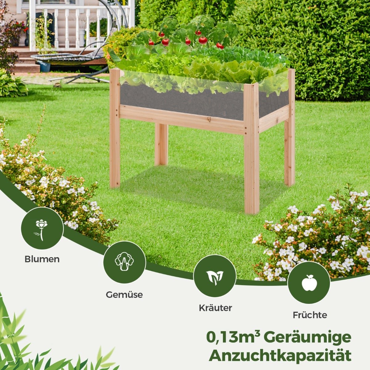 Raised Garden Bed with Drainage & Clear Panels, 130L