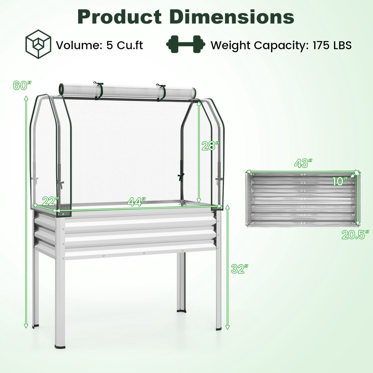Raised Garden Bed with Legs and Greenhouse Cover, 44x22