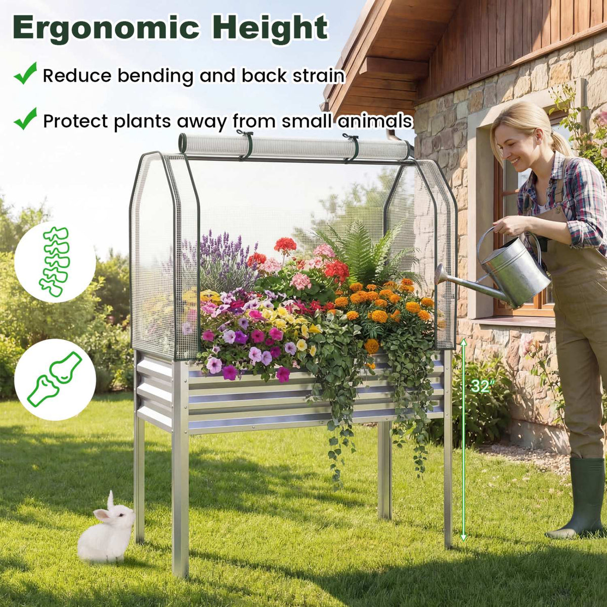 Raised Garden Bed with Legs and Greenhouse Cover, 44x22