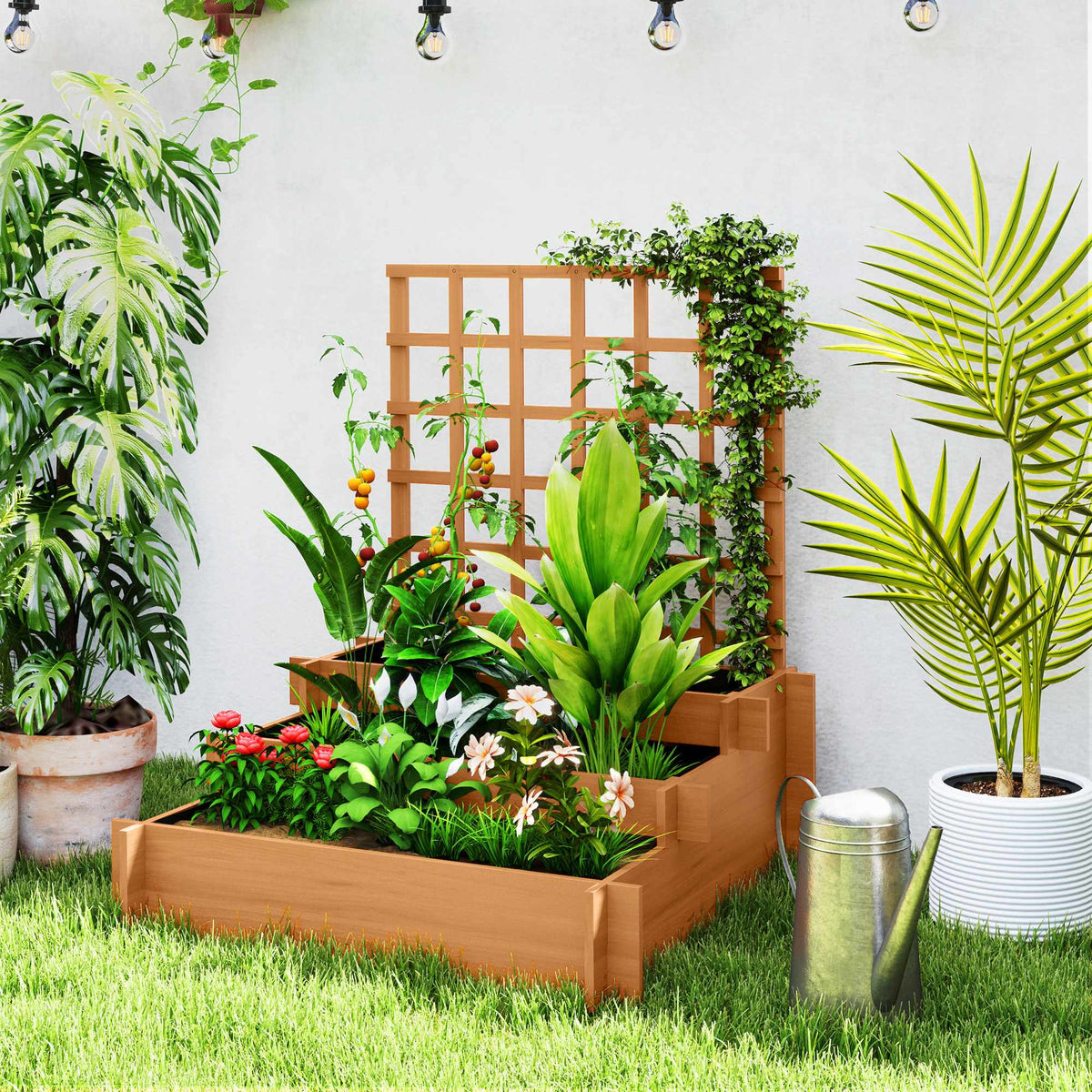 Raised Garden Bed with Trellis, 3-Tier Fir Wood, 95x95x110 cm