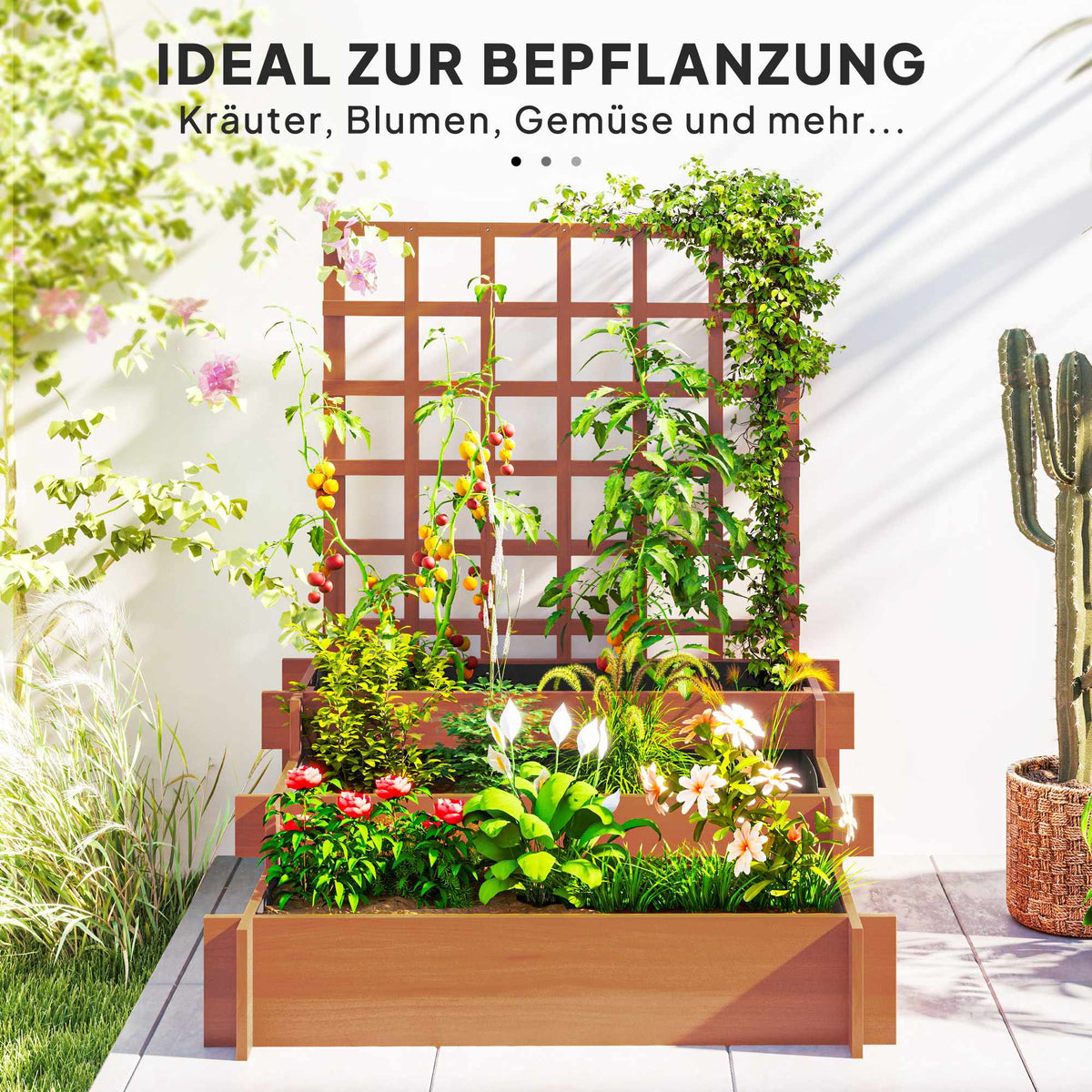 Raised Garden Bed with Trellis, 3-Tier Fir Wood, 95x95x110 cm