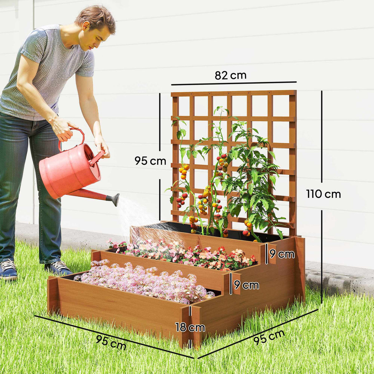 Raised Garden Bed with Trellis, 3-Tier Fir Wood, 95x95x110 cm
