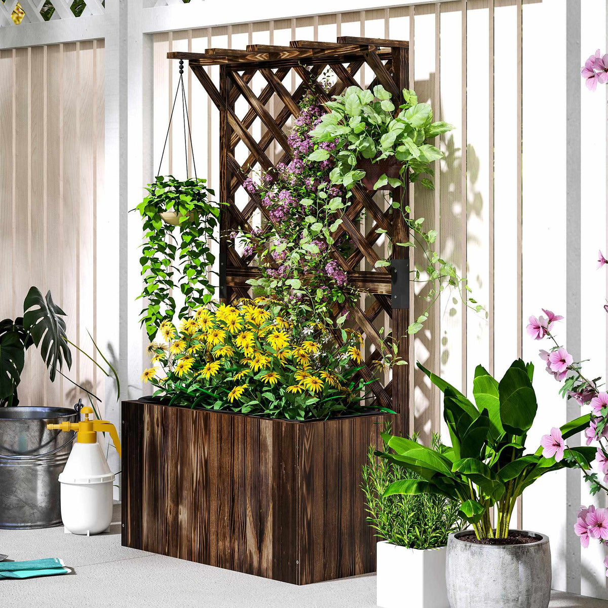 Raised Garden Bed with Trellis, Charred Wood, 64x33x122 cm