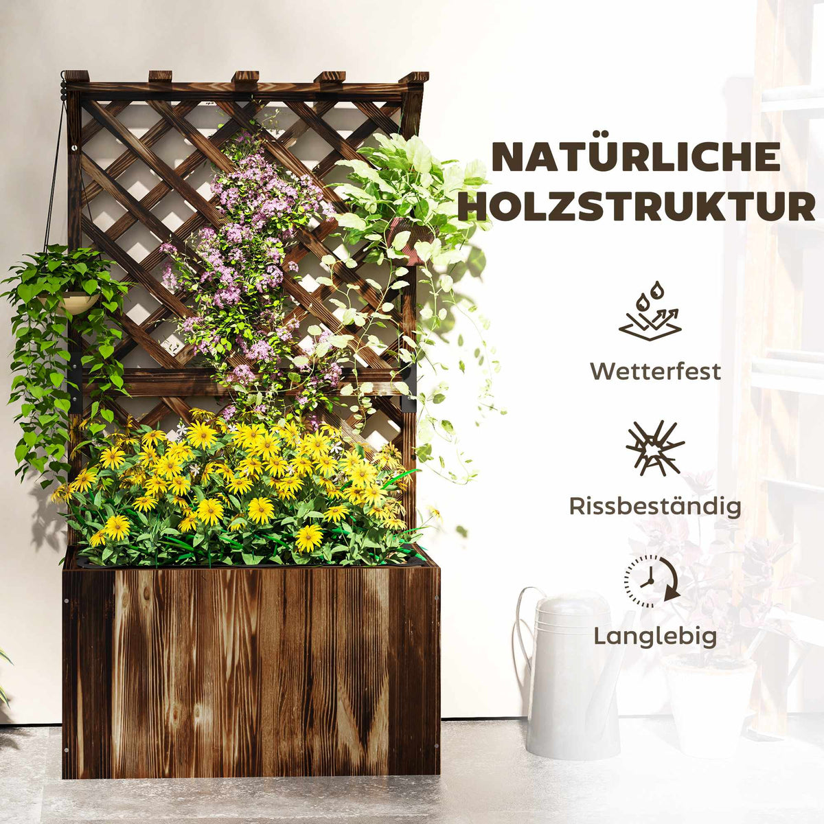 Raised Garden Bed with Trellis, Charred Wood, 64x33x122 cm