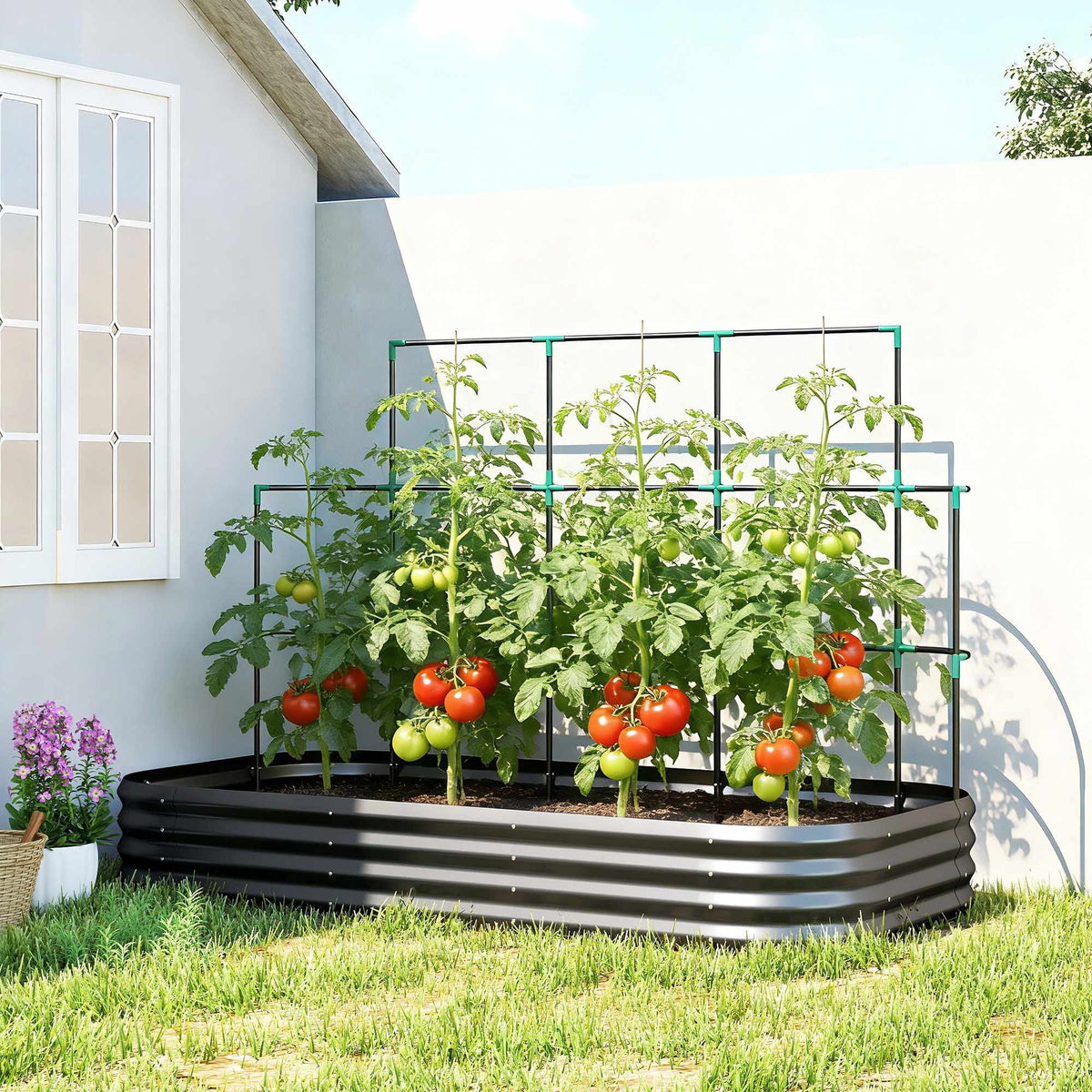 Raised Garden Bed with Trellis, Galvanized Metal, 220x110x150 cm