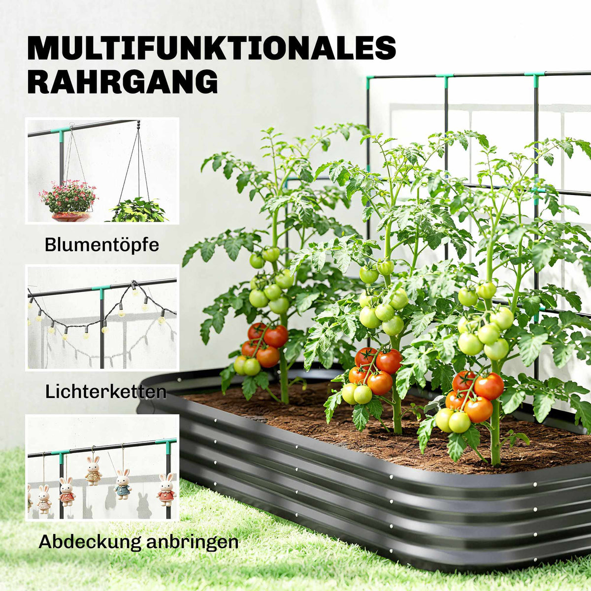 Raised Garden Bed with Trellis, Galvanized Metal, 220x110x150 cm