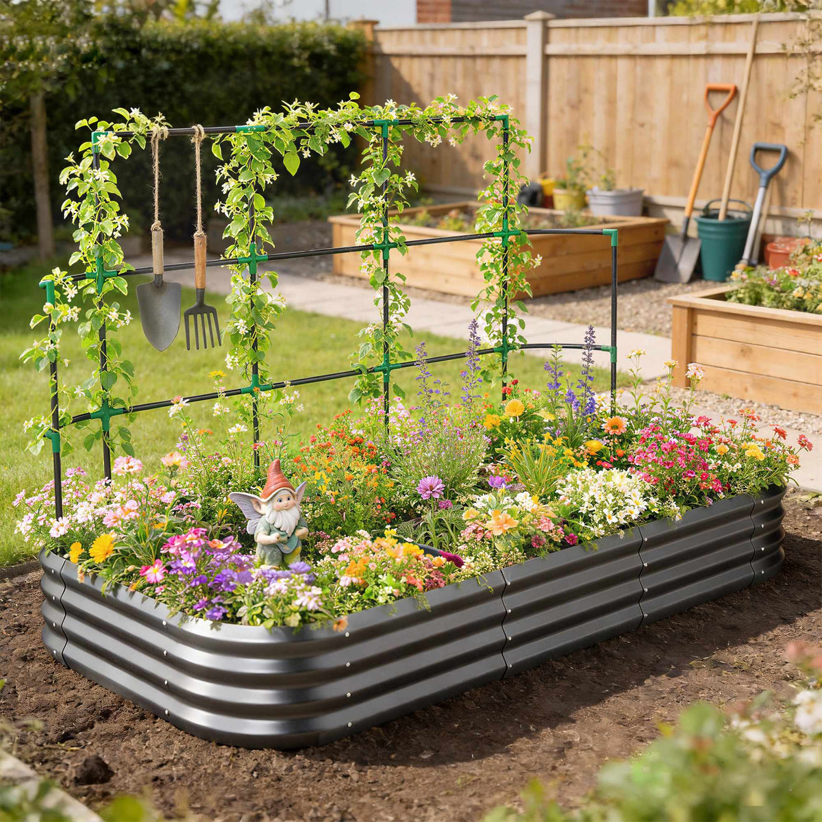 Raised Garden Bed with Trellis, Galvanized Metal, 220x110x150 cm