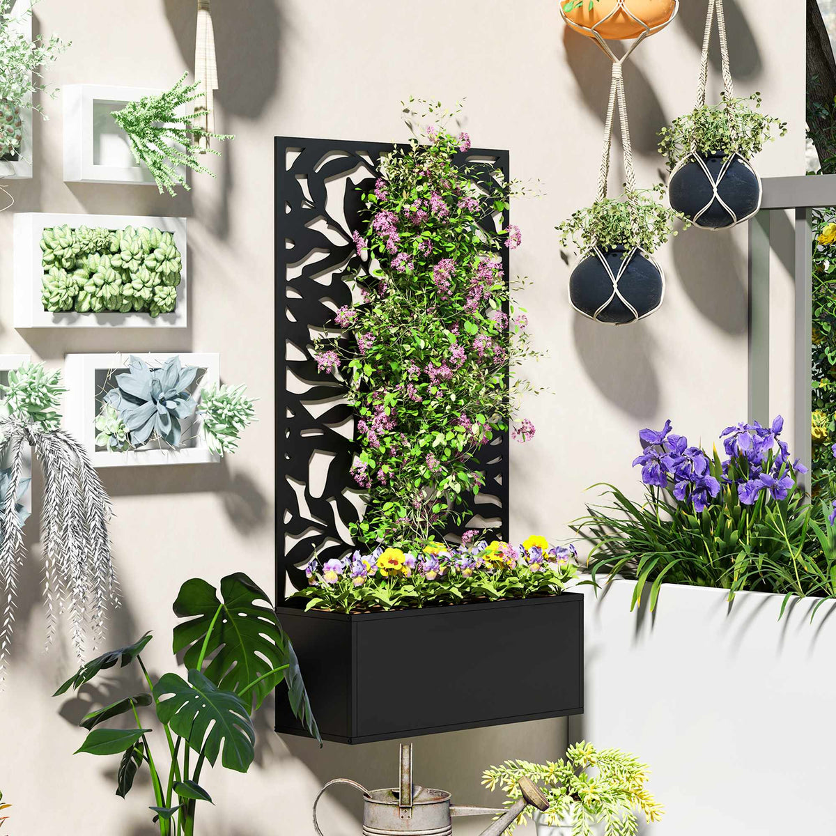 Raised Garden Bed with Trellis, Metal, Black, 8 Gallon Capacity