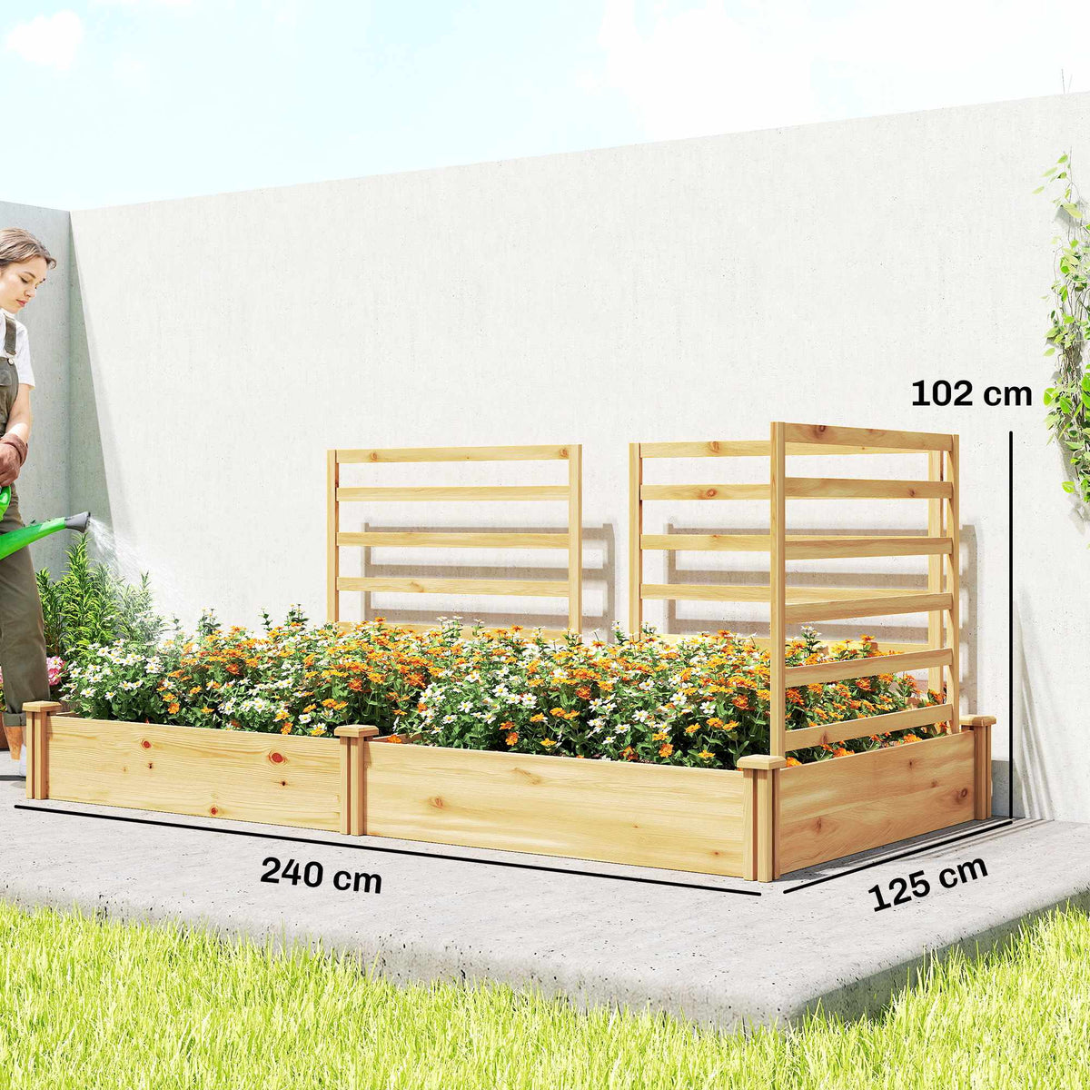 Raised Garden Bed with Trellis, Natural Wood, 240x125x102 cm