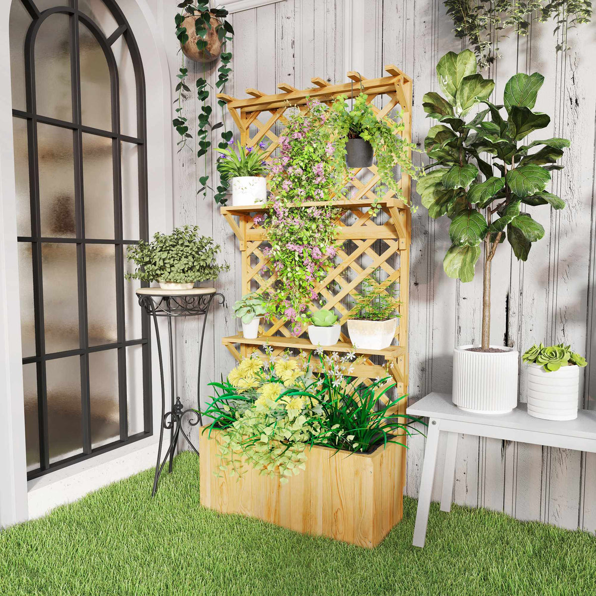 Raised Garden Bed with Trellis, Shelves, Drainage, 76x33x177 cm