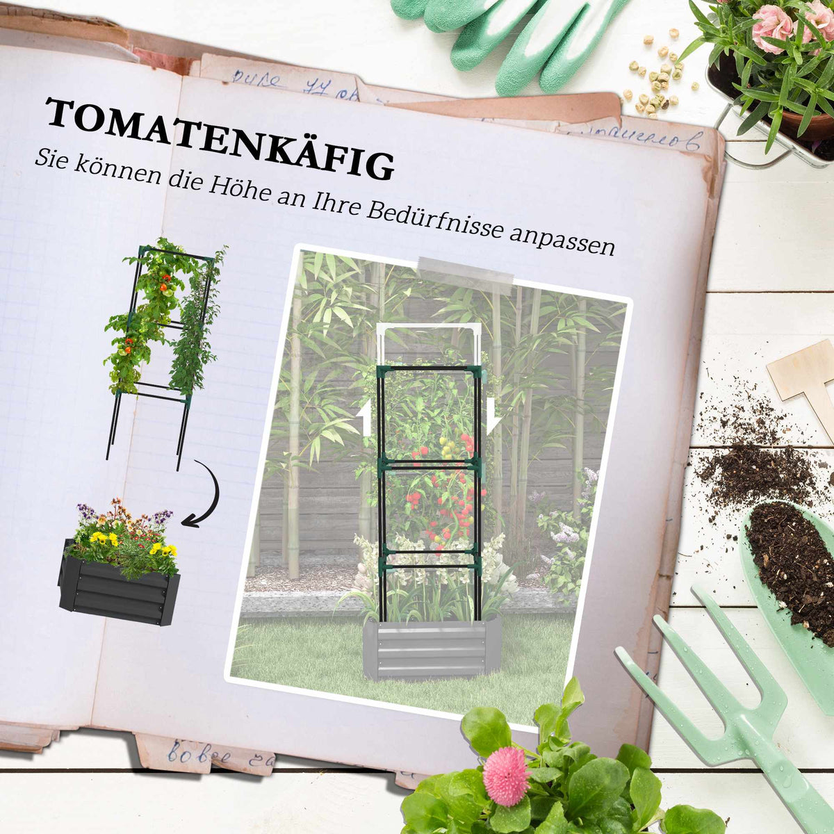 Raised Garden Bed with Trellis, Steel, 61x61x140 cm, Dark Grey
