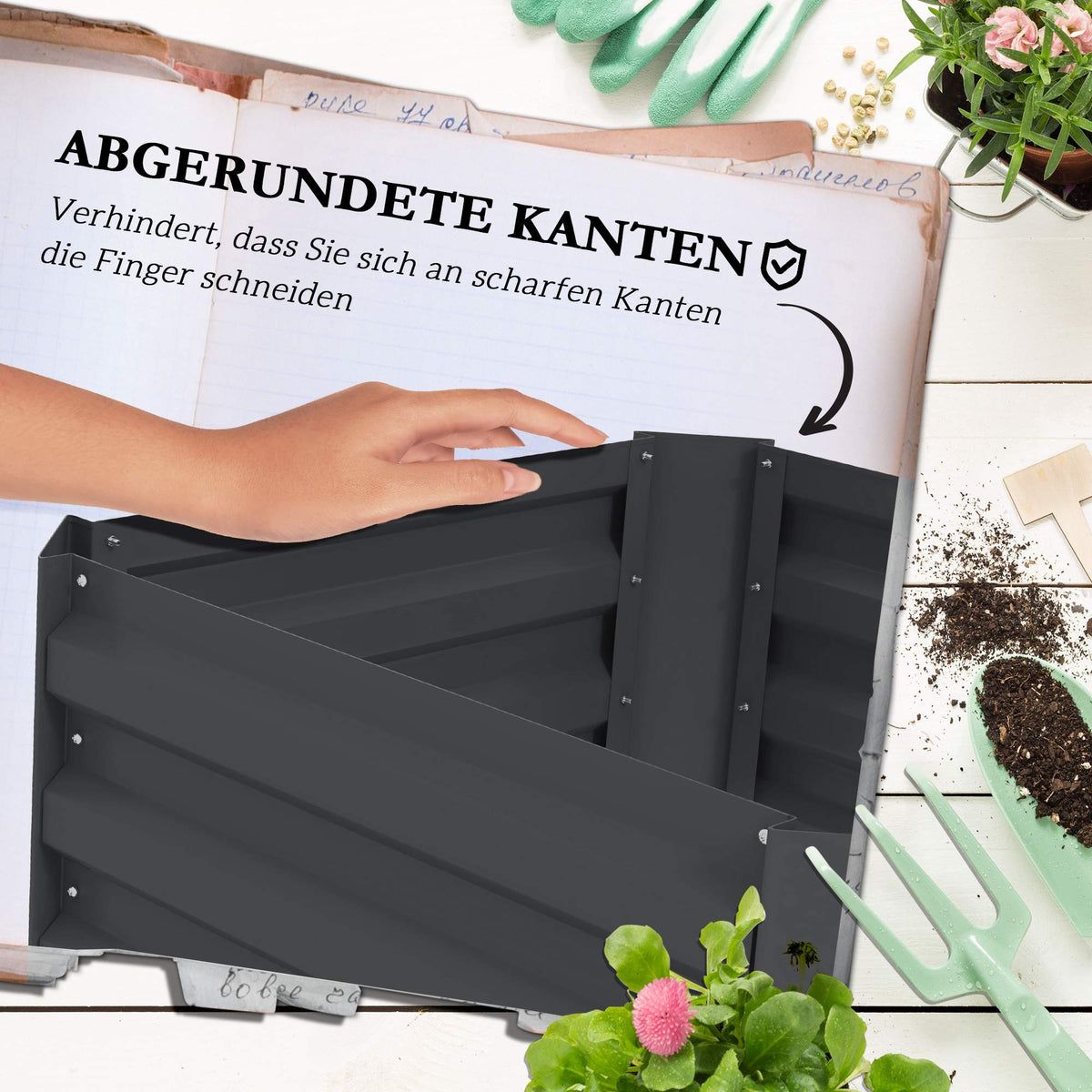 Raised Garden Bed with Trellis, Steel, 61x61x140 cm, Dark Grey