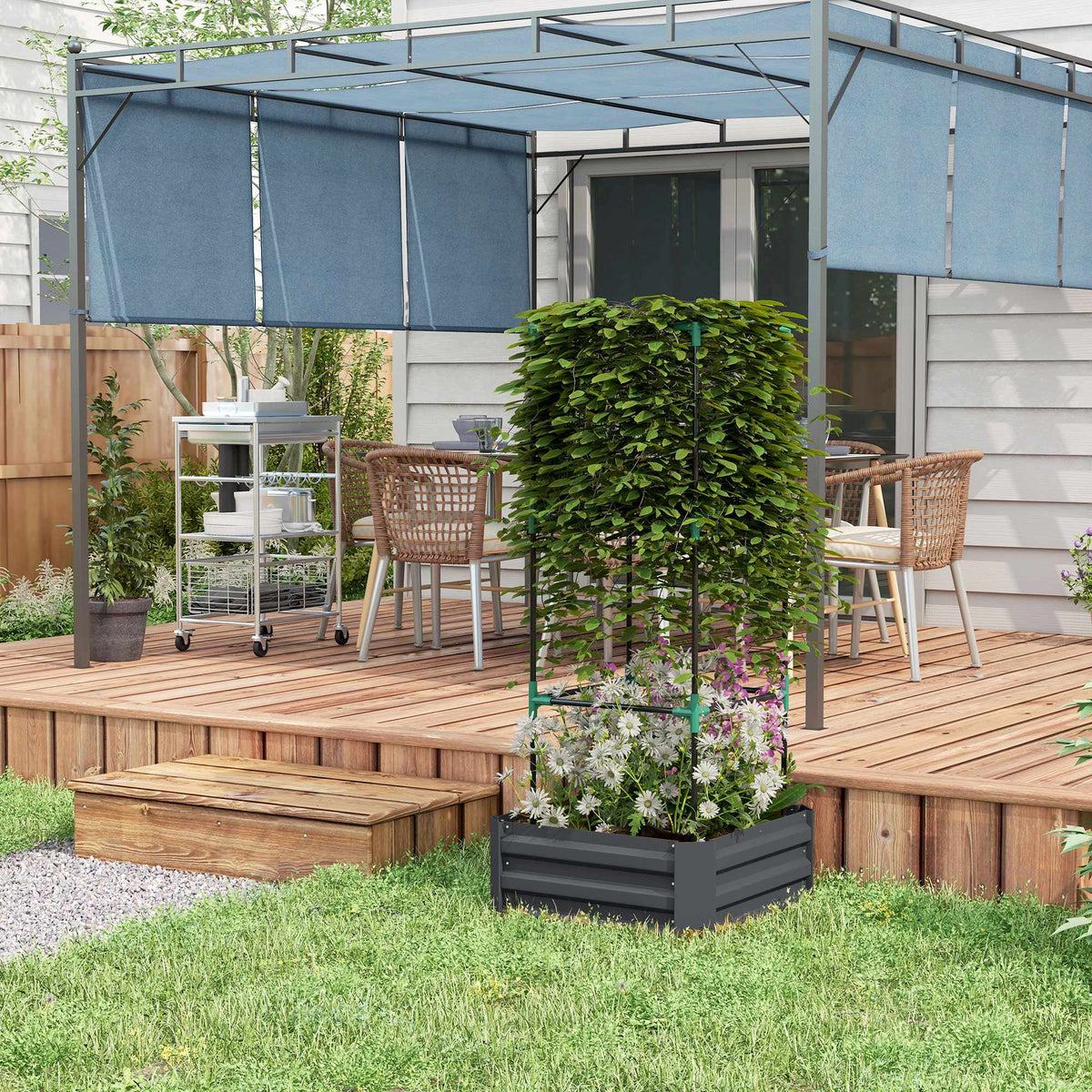 Raised Garden Bed with Trellis, Steel, 61x61x140 cm, Dark Grey