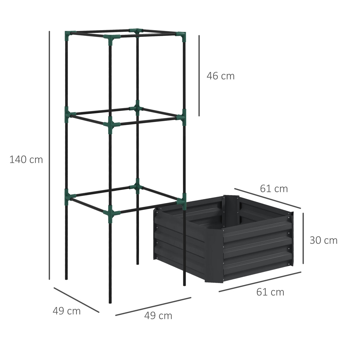 Raised Garden Bed with Trellis, Steel, 61x61x140 cm, Dark Grey