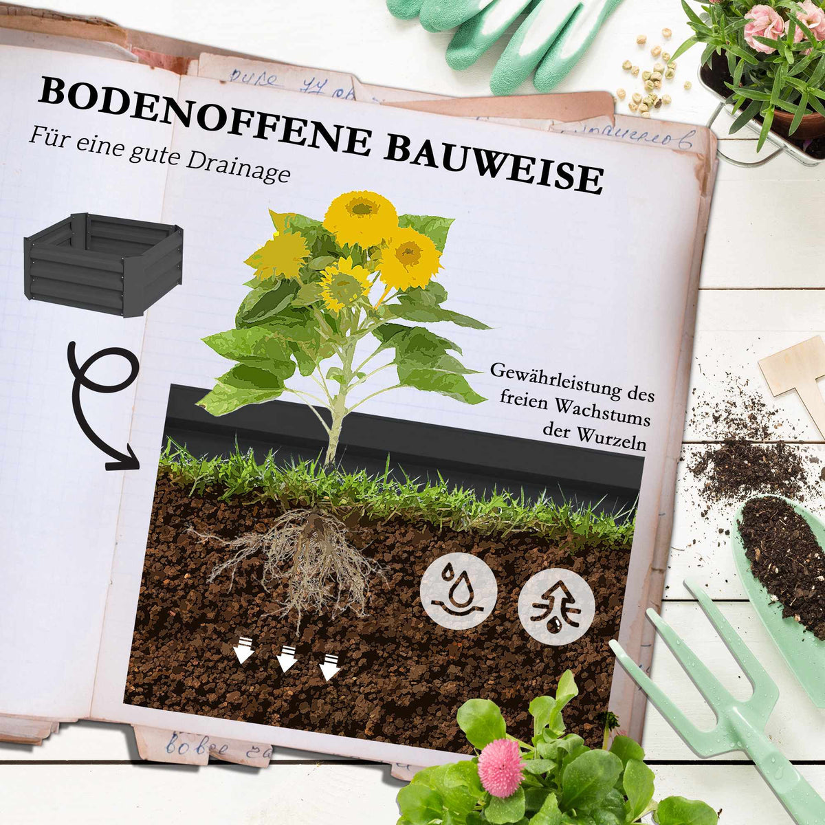 Raised Garden Bed with Trellis, Steel, 61x61x140 cm, Dark Grey