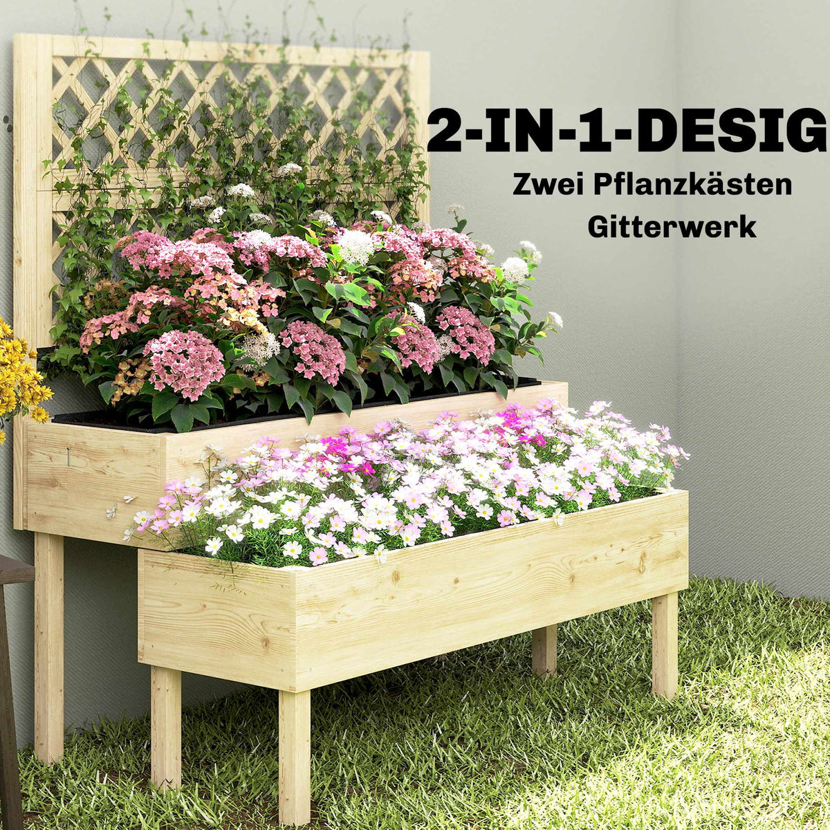Raised Garden Bed with Trellis, Tiered Wood Planter Box