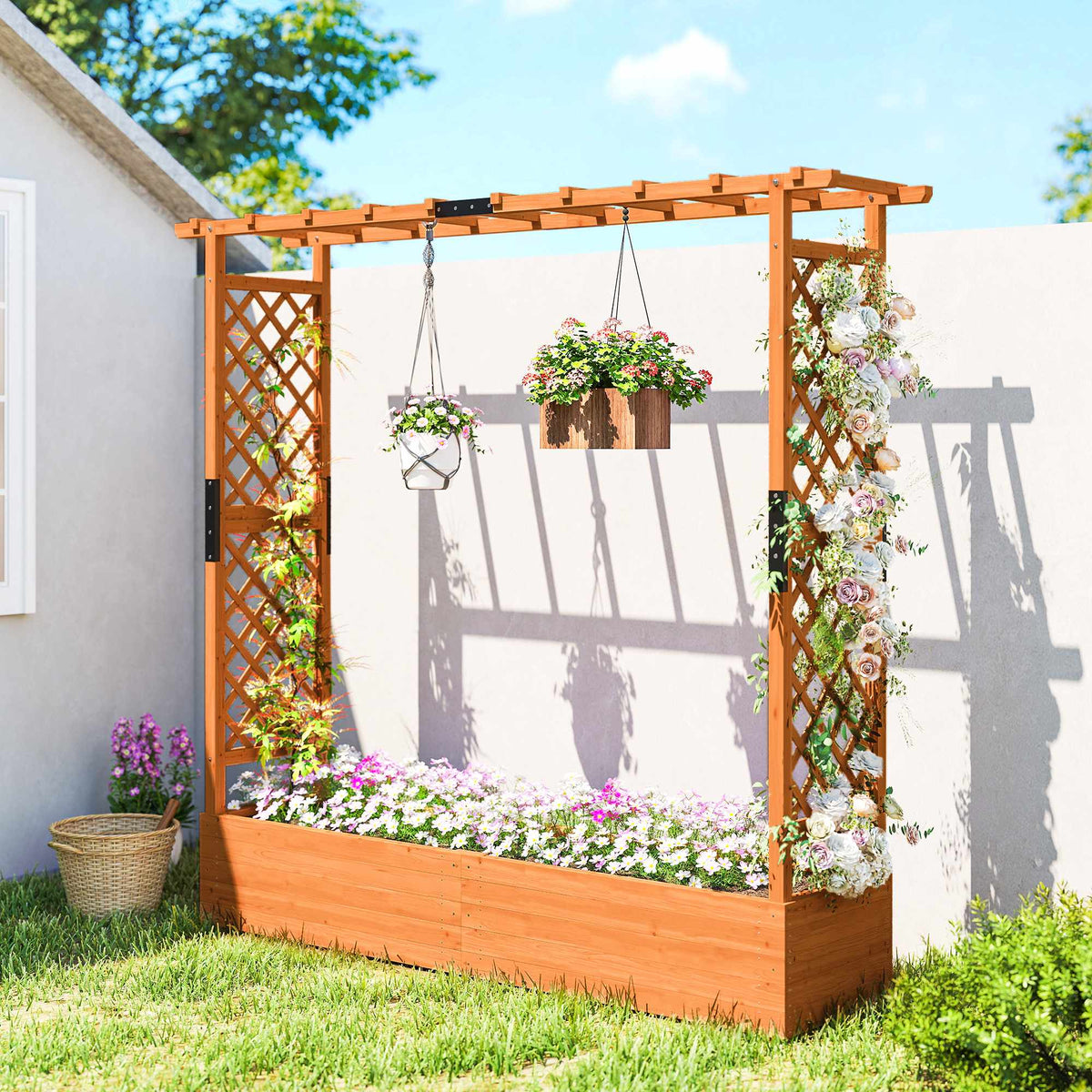 Raised Garden Bed with Trellis and Roof, 196x44x181 cm, Wood