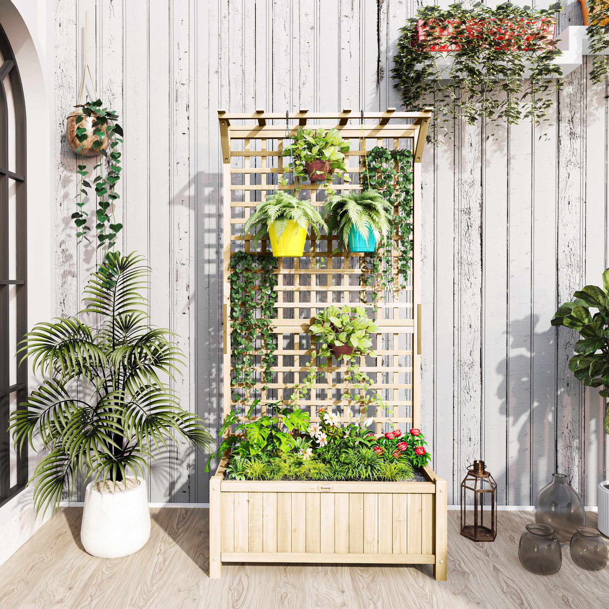 Raised Garden Bed with Trellis and Roof, Wood, 90x45x183 cm