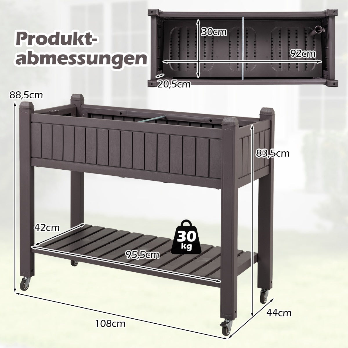 Raised Garden Bed with Wheels, Self-Watering, Brown