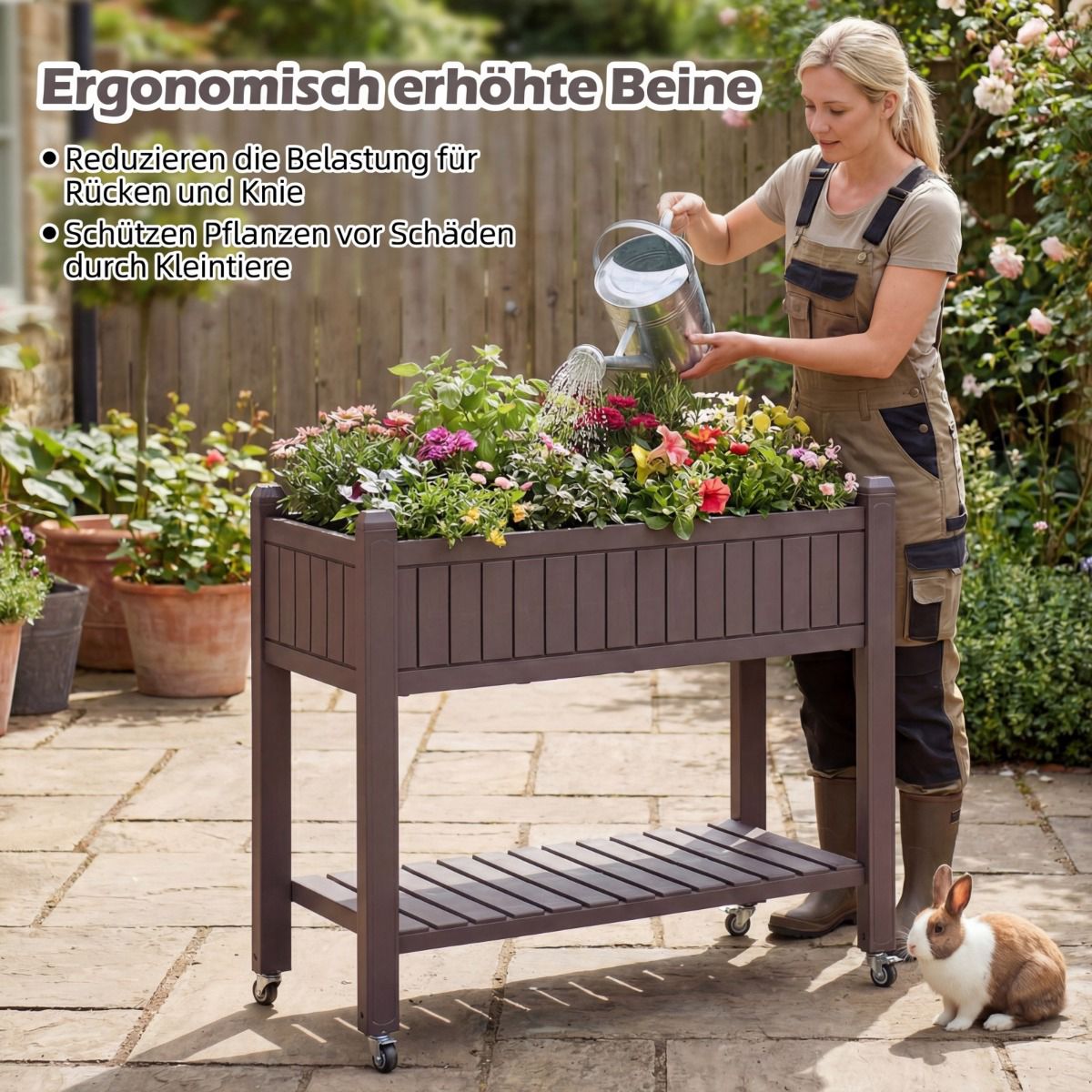 Raised Garden Bed with Wheels, Self-Watering, Brown